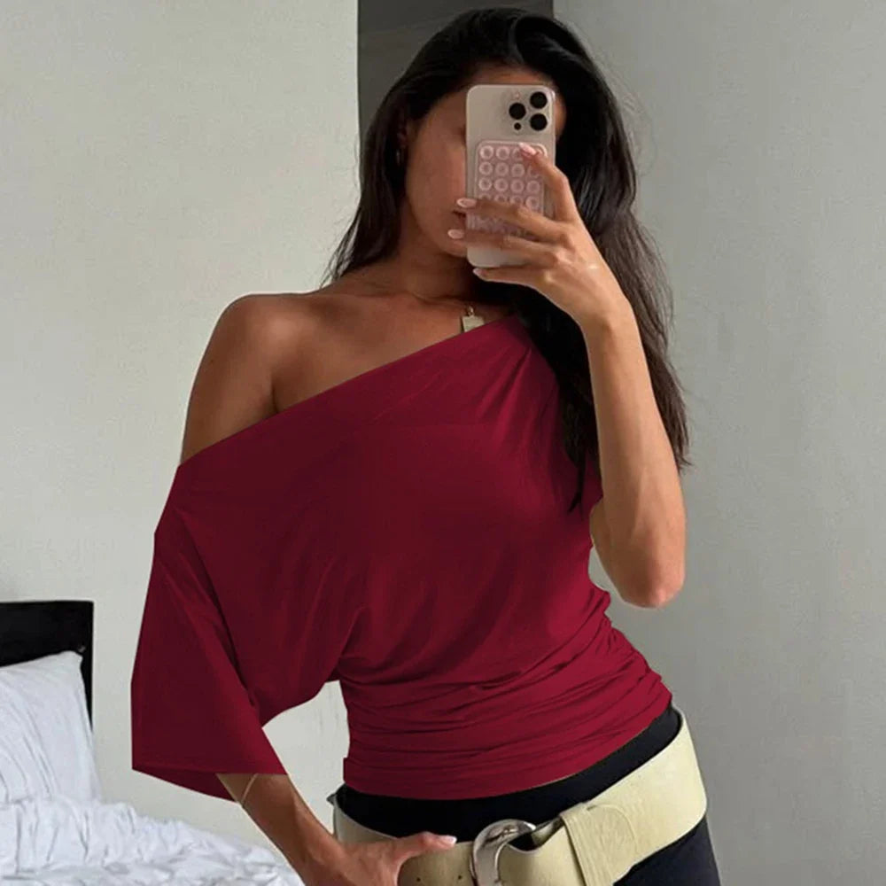 Talenza Summer One Shoulder Tops Fashion Slim Shrink Short Sleeve T-Shirts Sexy Party Y2k Streetwear Solid Pullover Tops Women