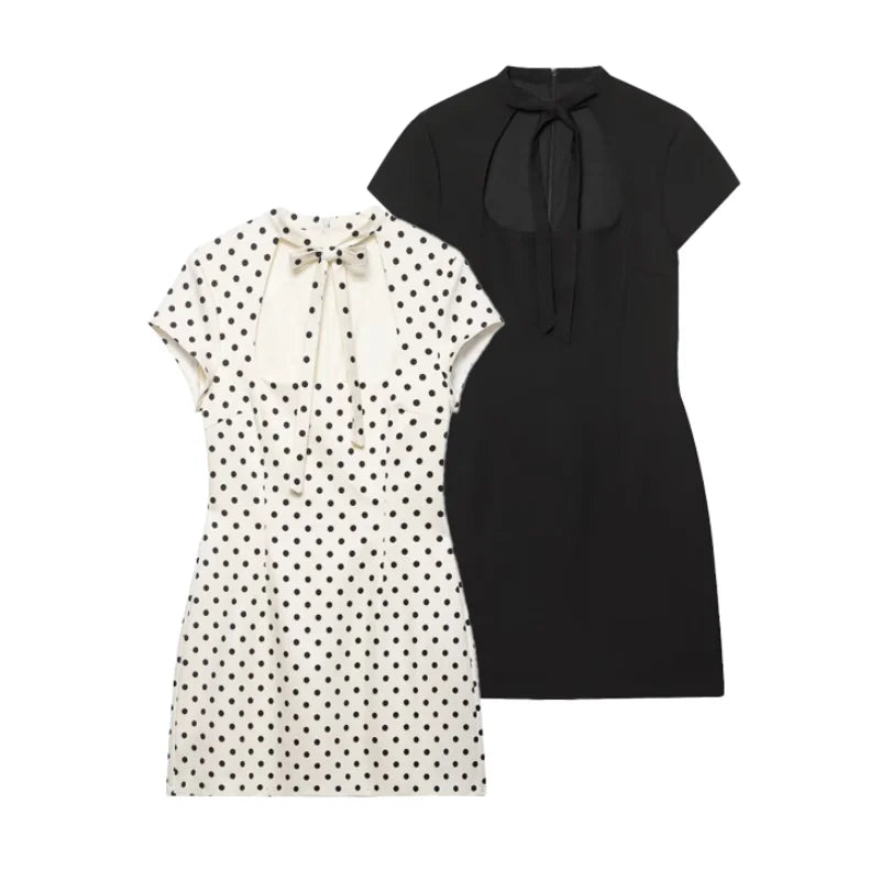 Cut Out Front Bow Tie Mini Dress, Women's Polka Dot Short Sleeve Bodycon Dress, Spring Summer Sexy Fashion Party Dress