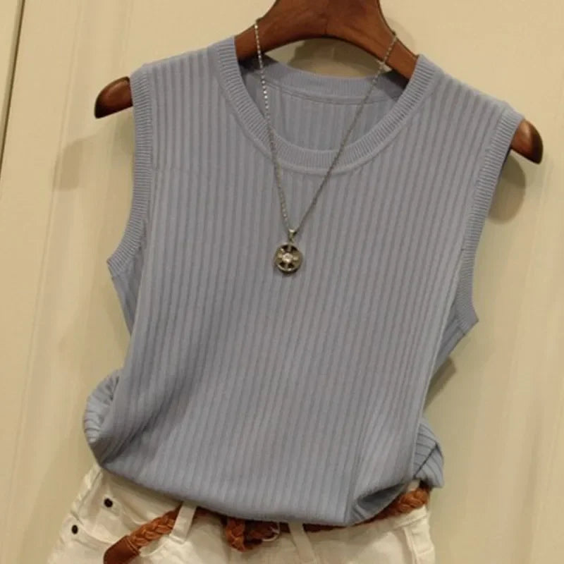 2026 Summer New Fashion Knitted Vests O-neck Sleeveless Casual Thin Tops Sleeveless Blouse Women Shirt