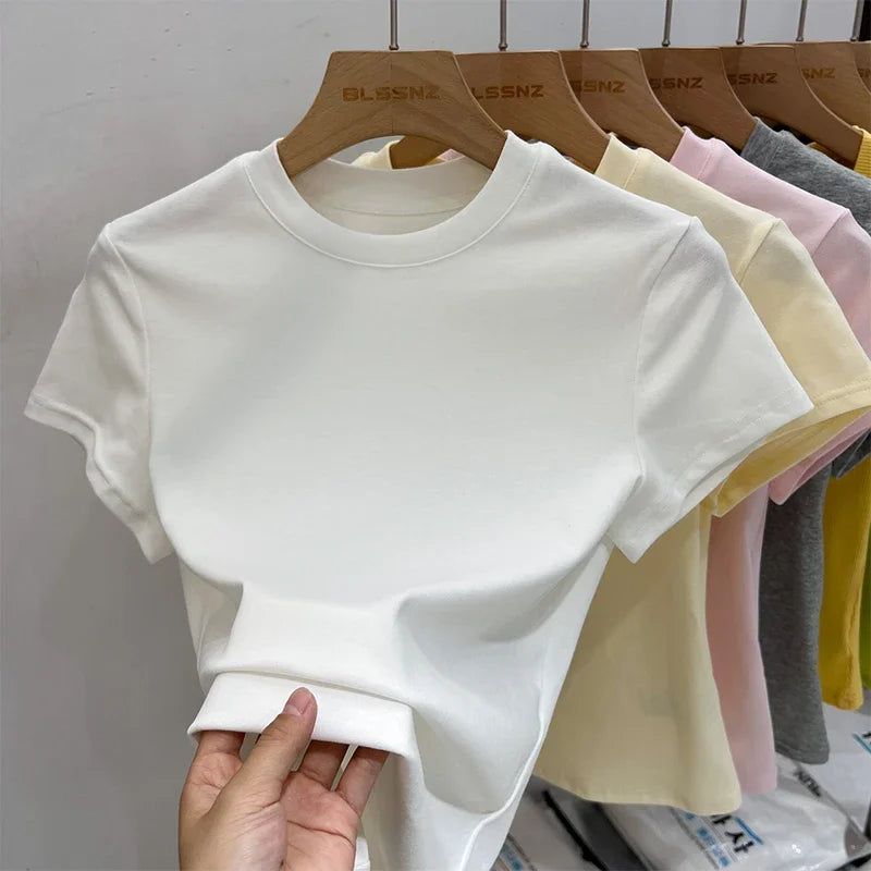 Zjaiss 2026 O-Neck Fashion T-Shirt Summer Sexy Basic Top Solid Short Sleeve Womens Tshirt Casual Korean Tee Streetwear