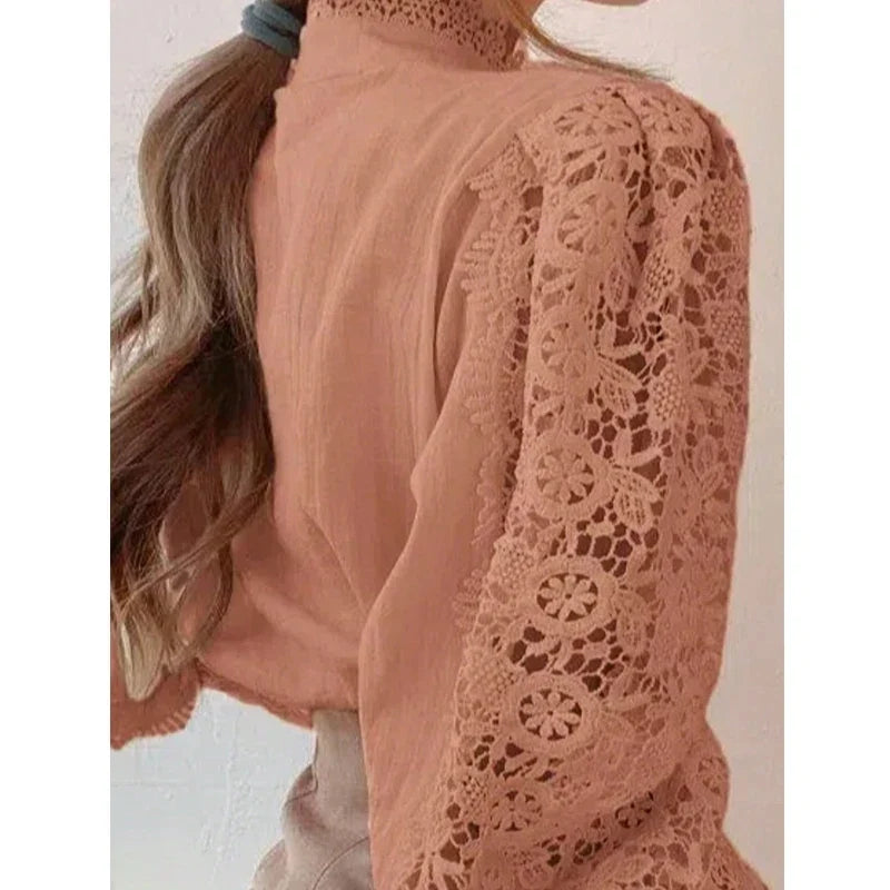 New Women's Long Sleeve High Neck  Chic Blouse, Lace Paneled Hollow Sleeve Elegant Top, Vintage Fashion Office Lady Outfits