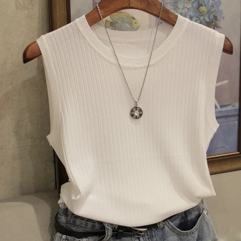 2026 Summer New Fashion Knitted Vests O-neck Sleeveless Casual Thin Tops Sleeveless Blouse Women Shirt
