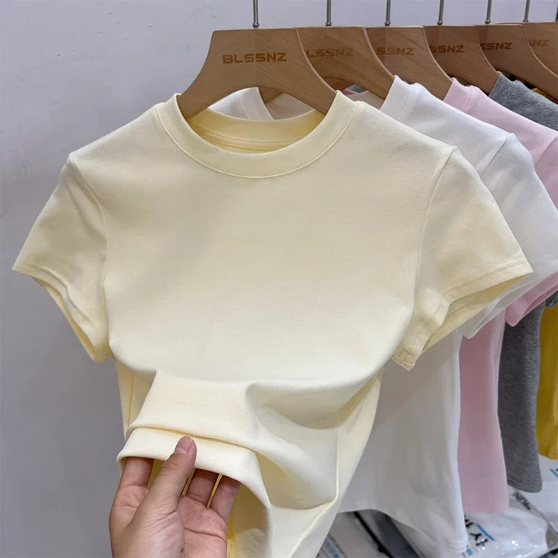 Zjaiss 2026 O-Neck Fashion T-Shirt Summer Sexy Basic Top Solid Short Sleeve Womens Tshirt Casual Korean Tee Streetwear