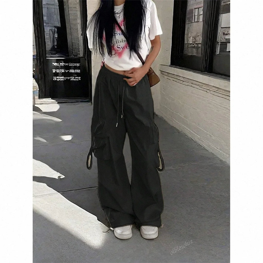 Oversized Pocket High Street Pant Black Vintage High Waist Women's Pants Fashion Retro Casual Streetwear Loose Jogger Trousers