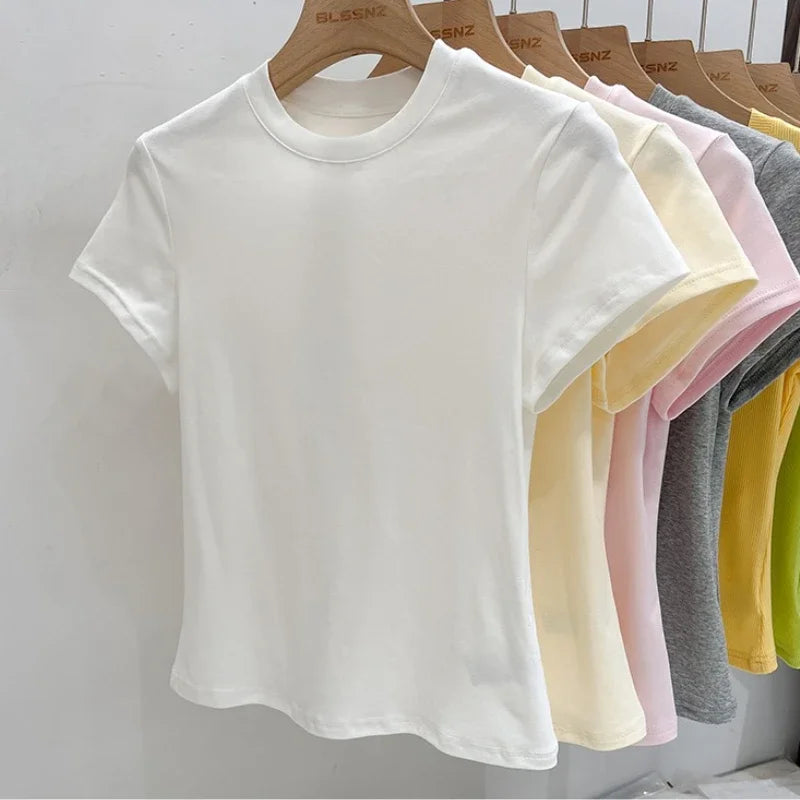 Zjaiss 2026 O-Neck Fashion T-Shirt Summer Sexy Basic Top Solid Short Sleeve Womens Tshirt Casual Korean Tee Streetwear